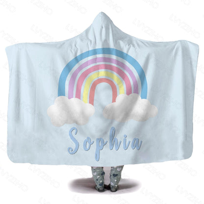 personalized baby hooded blanket with baby's name with rainbow design - hunny bubba kids