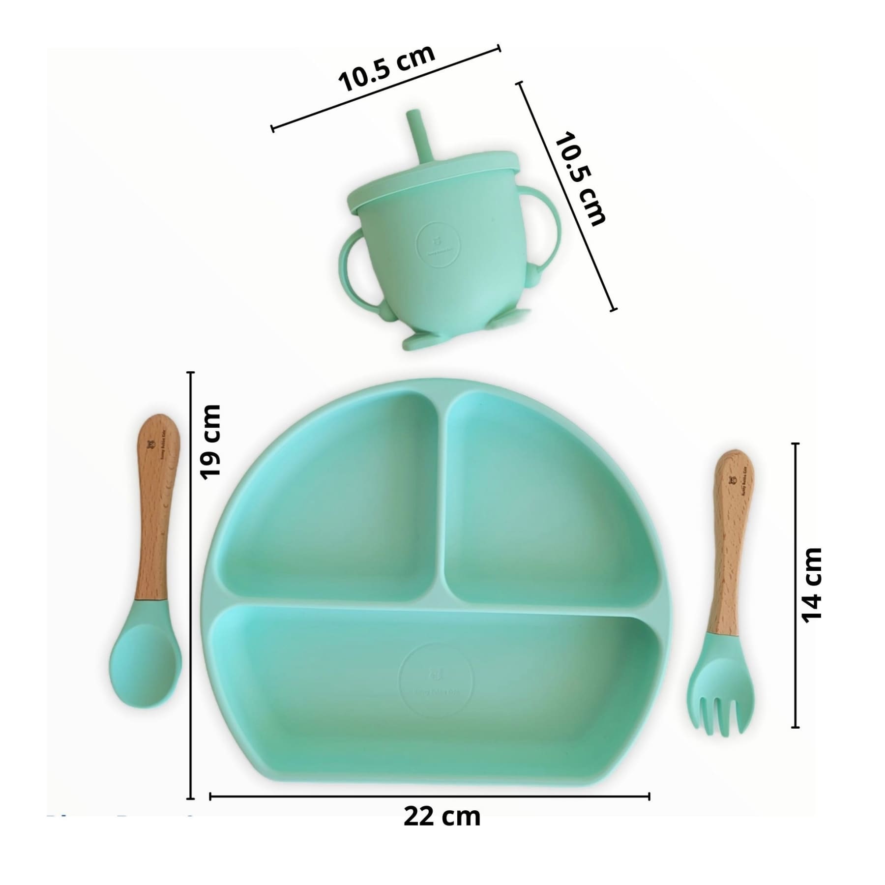 cute baby four piece dining set with plate, cup, sppon and fork. Green mint set | Hunny Bubba Kids